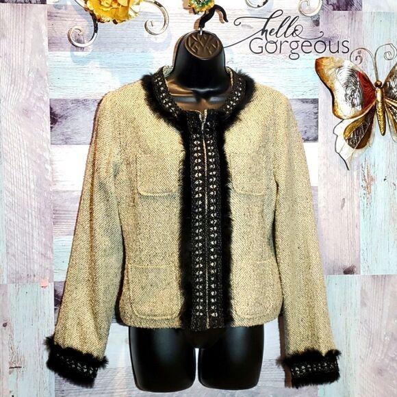 Anne Carson Cream Black Lace Faux Fur Trim Blazer Jacket, Sz M - Picture 1 of 7